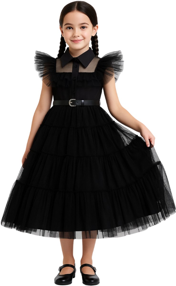 Joya Kids® Wednesday Jurk Kind | Halloween Verkleedjurk Meisje | Zwarte Tule Jurk met Riem | Gothic Verkleedkleding Kind | Horror Films Kostuum | Addams Family Kostuum | Maat 110